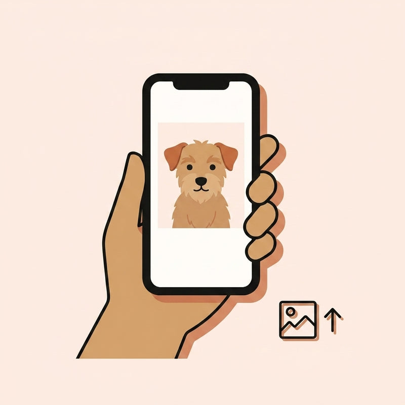 A hand holding a phone showing a photo of a pet, ready to upload