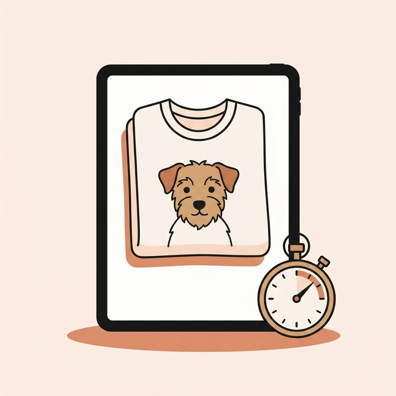 A tablet showing a sweatshirt with a pet portrait on the chest, a stopwatch beside it