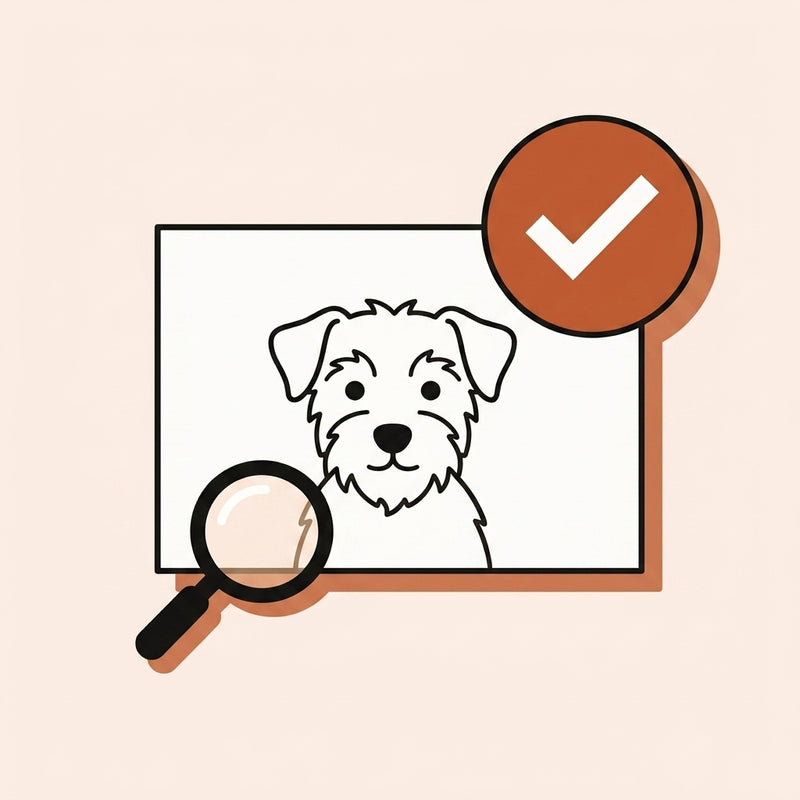 A line drawing of a pet with an approval tick and a magnifying glass over the detail