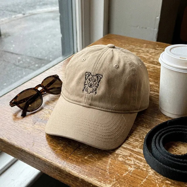 An embroidered cap on a café table